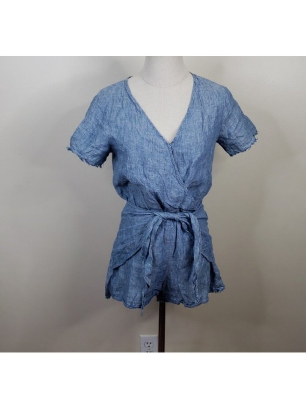Sanctuary X Anthropologie Womens Linen Blue Wrap Romper Jumper Raw Edge Tie Sz M